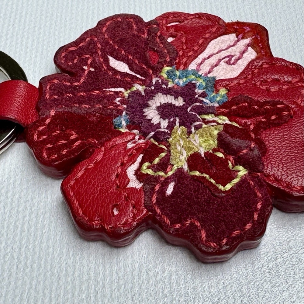 Coach Red Poppy Flower Signature Bag Charm Leather Keychain Fob VTG Y2K - Picture 7 of 16